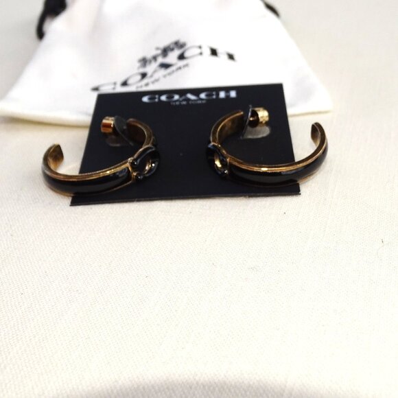 Coach Large Gold and Black Enameled Large Hoop Pierced Earrings New - Picture 2 of 7